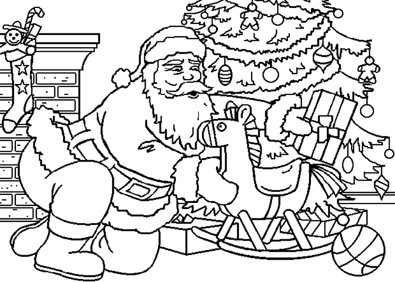 coloriage le pere noel depose un cheval de bois au pied du sapin
